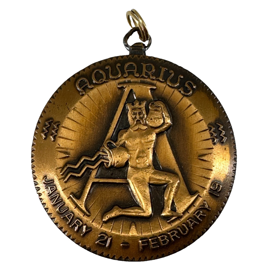 Vintage Aquarius Zodiac Coin Pendant Bronze Astrology Medallion Taurus Reverse